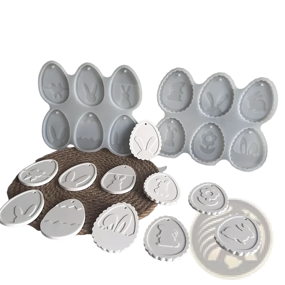 White silicone easter bunny resin pendant mold with decorative bunny floral and eggshell plaque designs