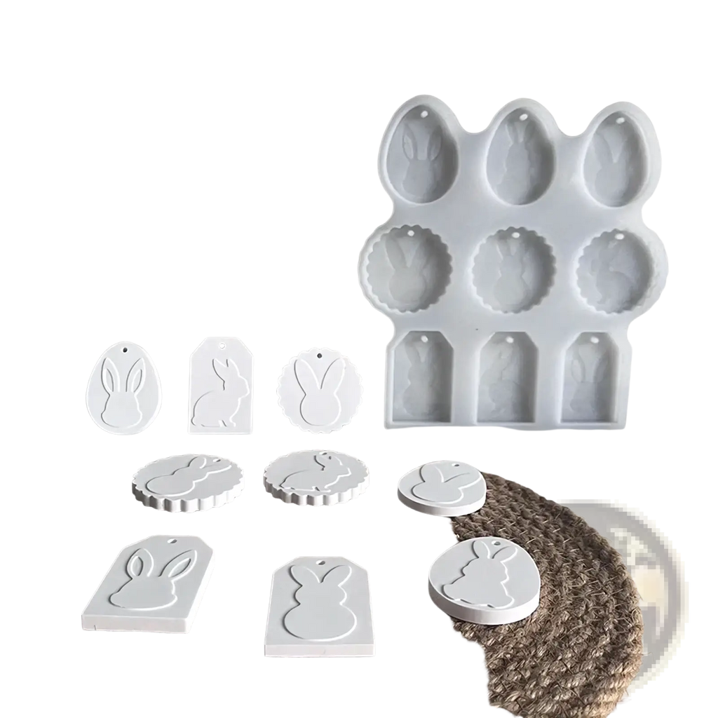 White silicone easter bunny and egg-shaped resin pendant mold with matte finish for crafting jewelry
