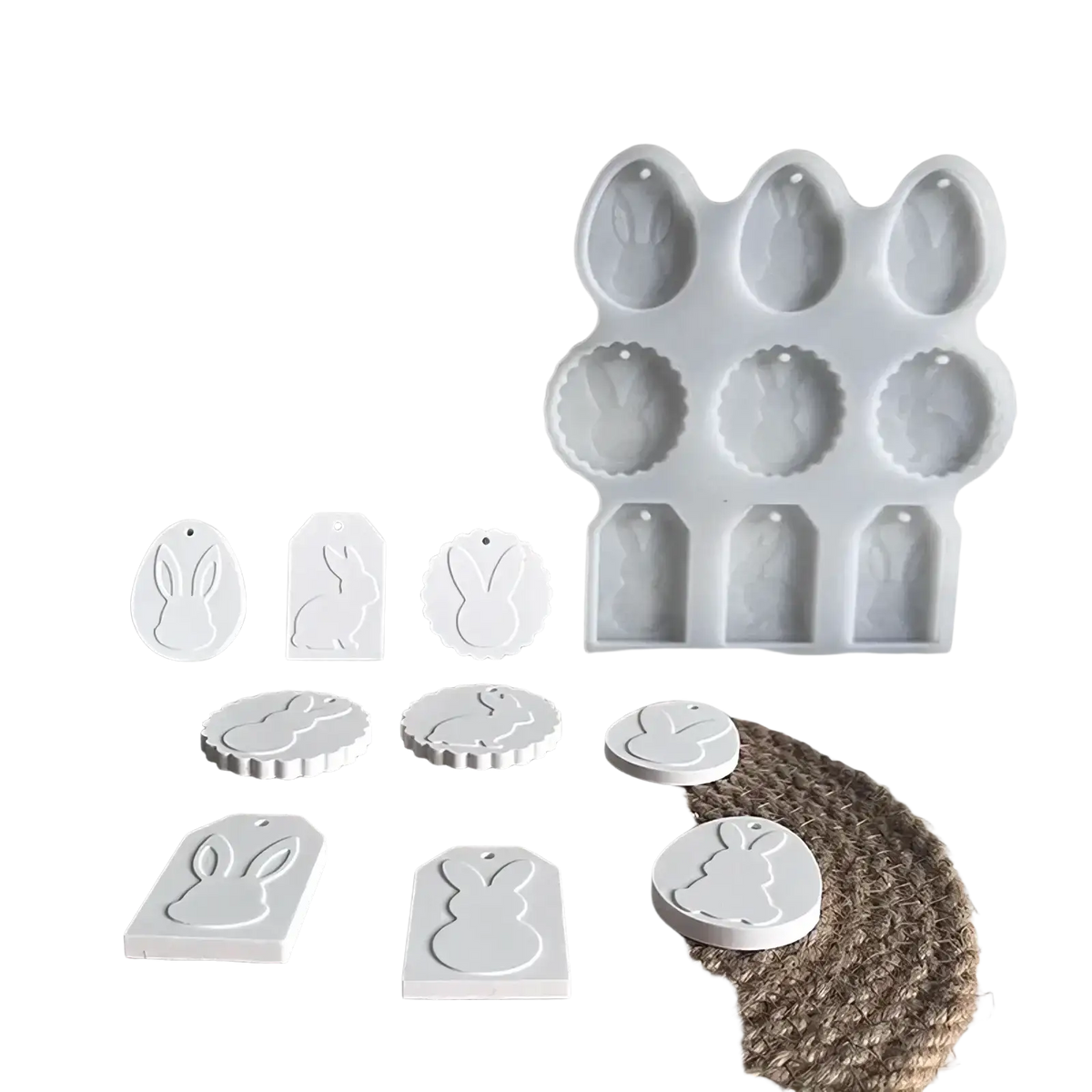 White silicone easter bunny pendant mold set with egg and tag designs for resin crafting use