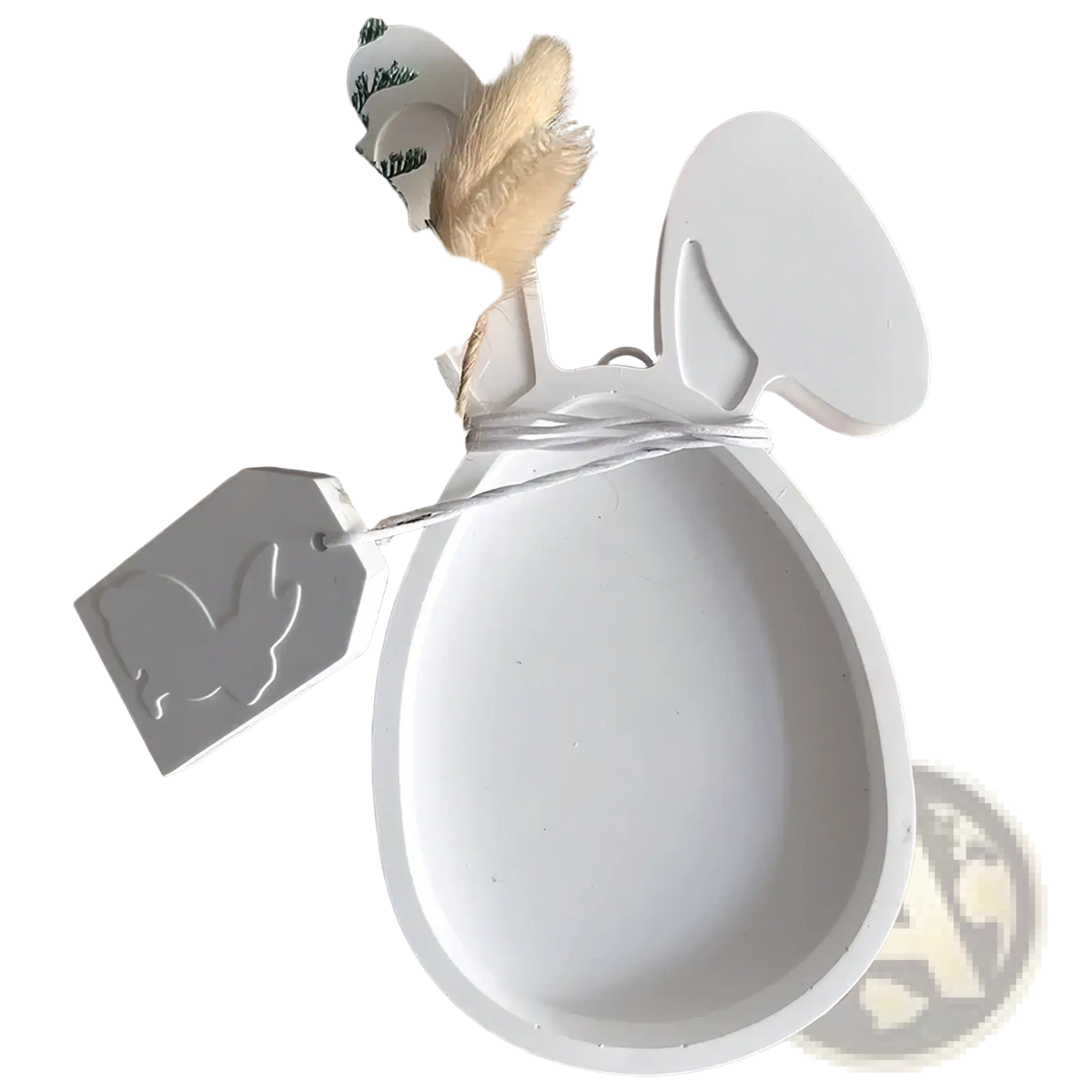 White bunny-shaped ceramic egg dish with attached tag for use with easter bunny silicone resin pendant mold