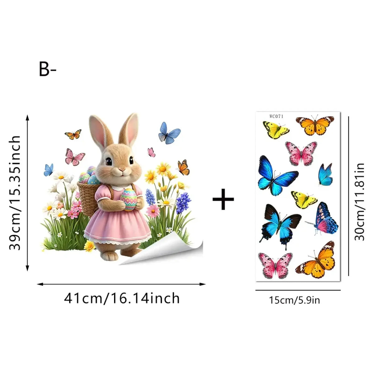 Cute beige bunny wall decal dressed in pink holding easter basket with colorful flowers for window decoration