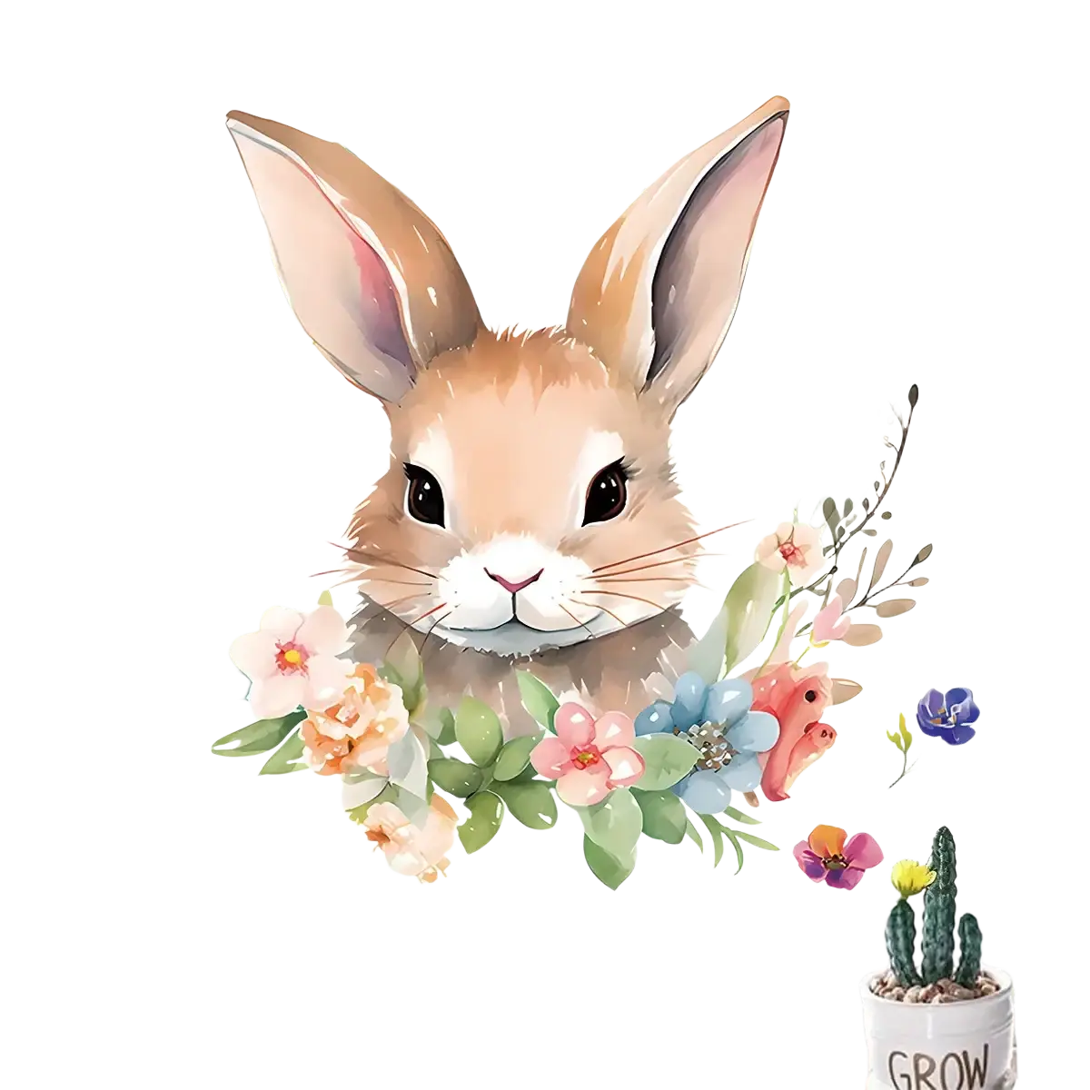 A charming beige bunny face decal surrounded by a pastel floral wreath on a clear glass window for easter decoration