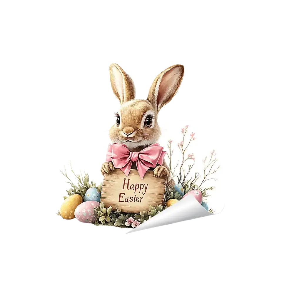 A charming beige easter bunny window decal with a pink bow tie holding a happy easter wooden sign and colorful eggs