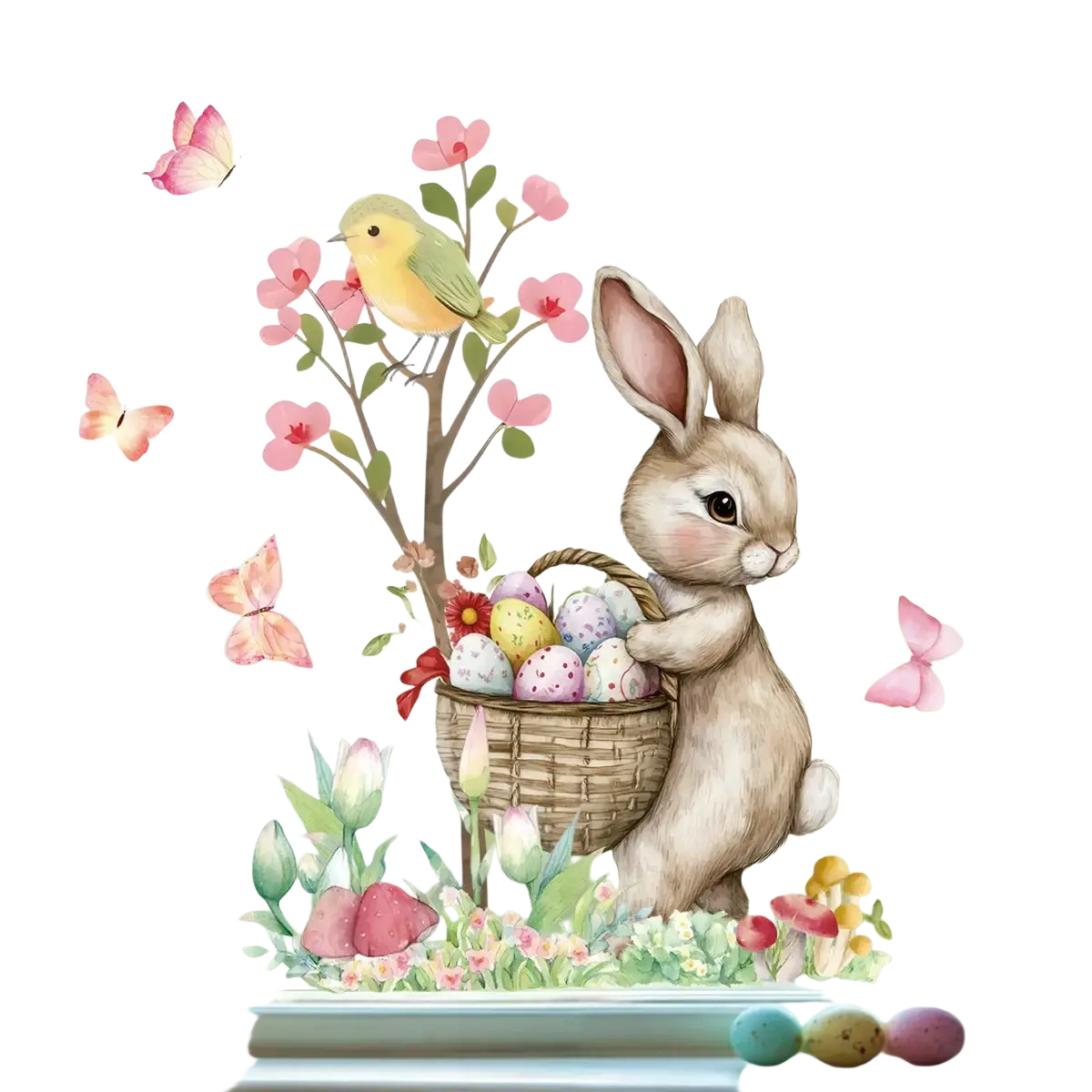 Easter bunny window decals featuring a beige bunny holding a woven basket of colorful eggs with flowers and butterflies
