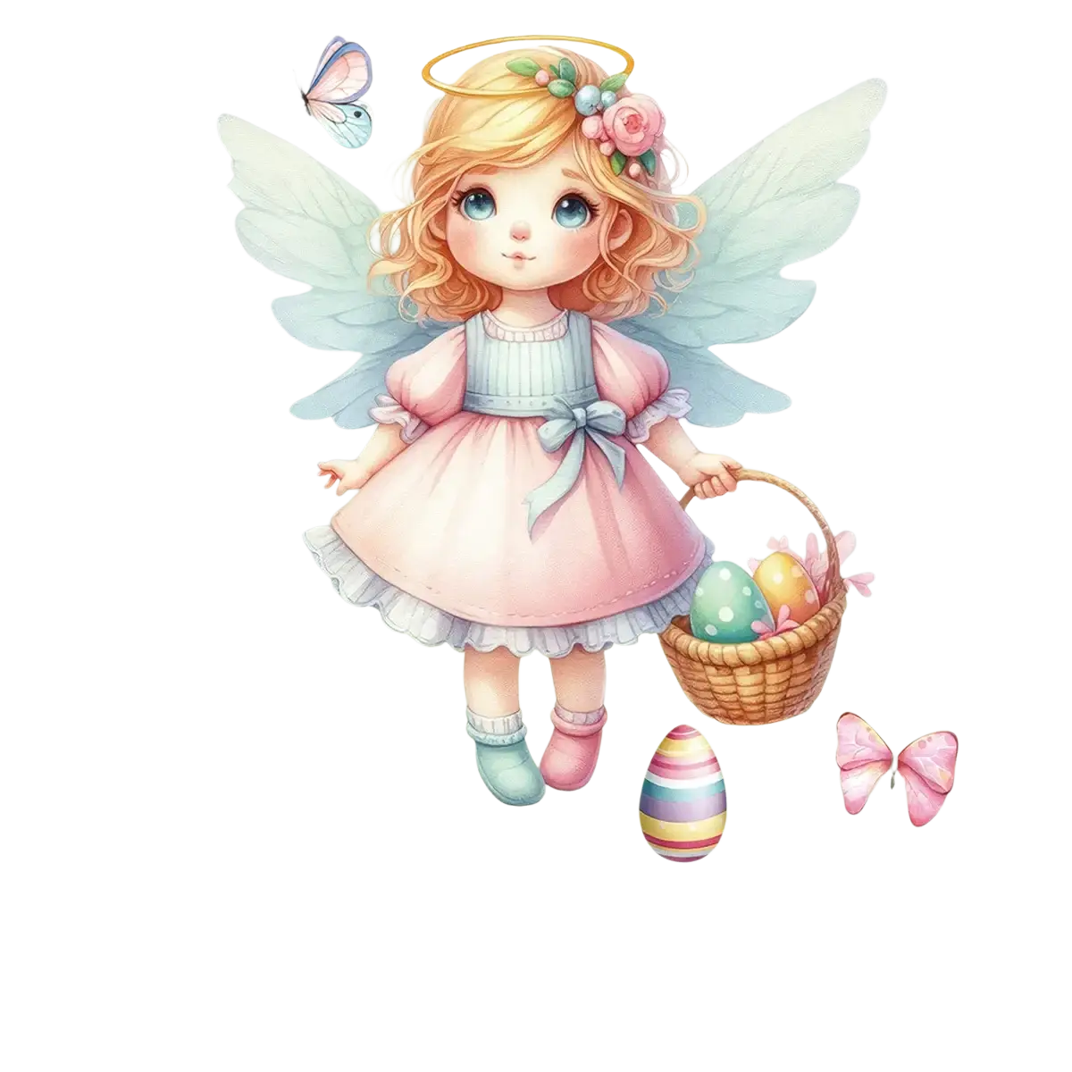 A charming cartoon fairy with translucent wings in a soft pink dress featured in easter bunny window decals colorful egg glass stickers