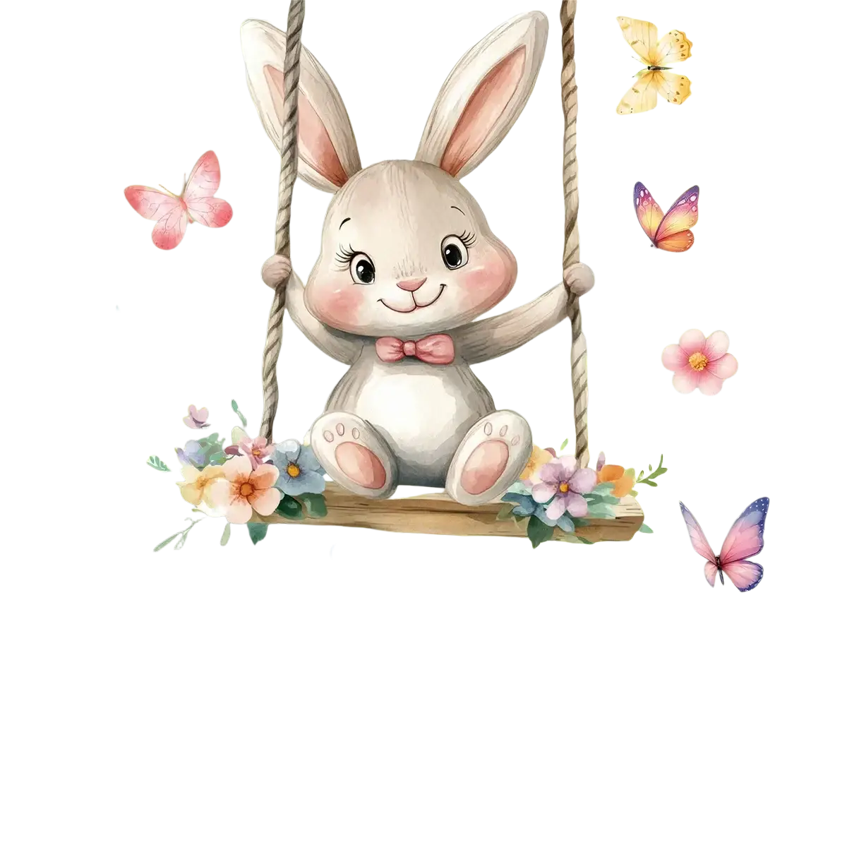 A charming gray bunny with a pink bow tie on a wooden swing decorated with flowers Easter bunny window decal