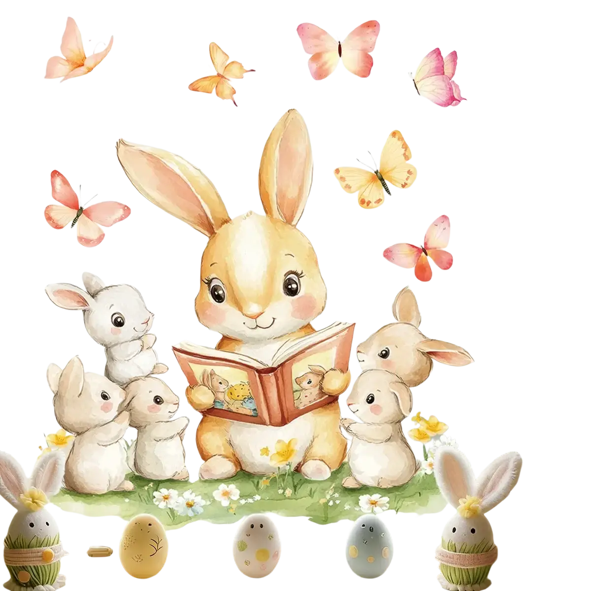 A charming easter bunny window decal featuring a tan bunny reading to white and beige baby bunnies with butterflies