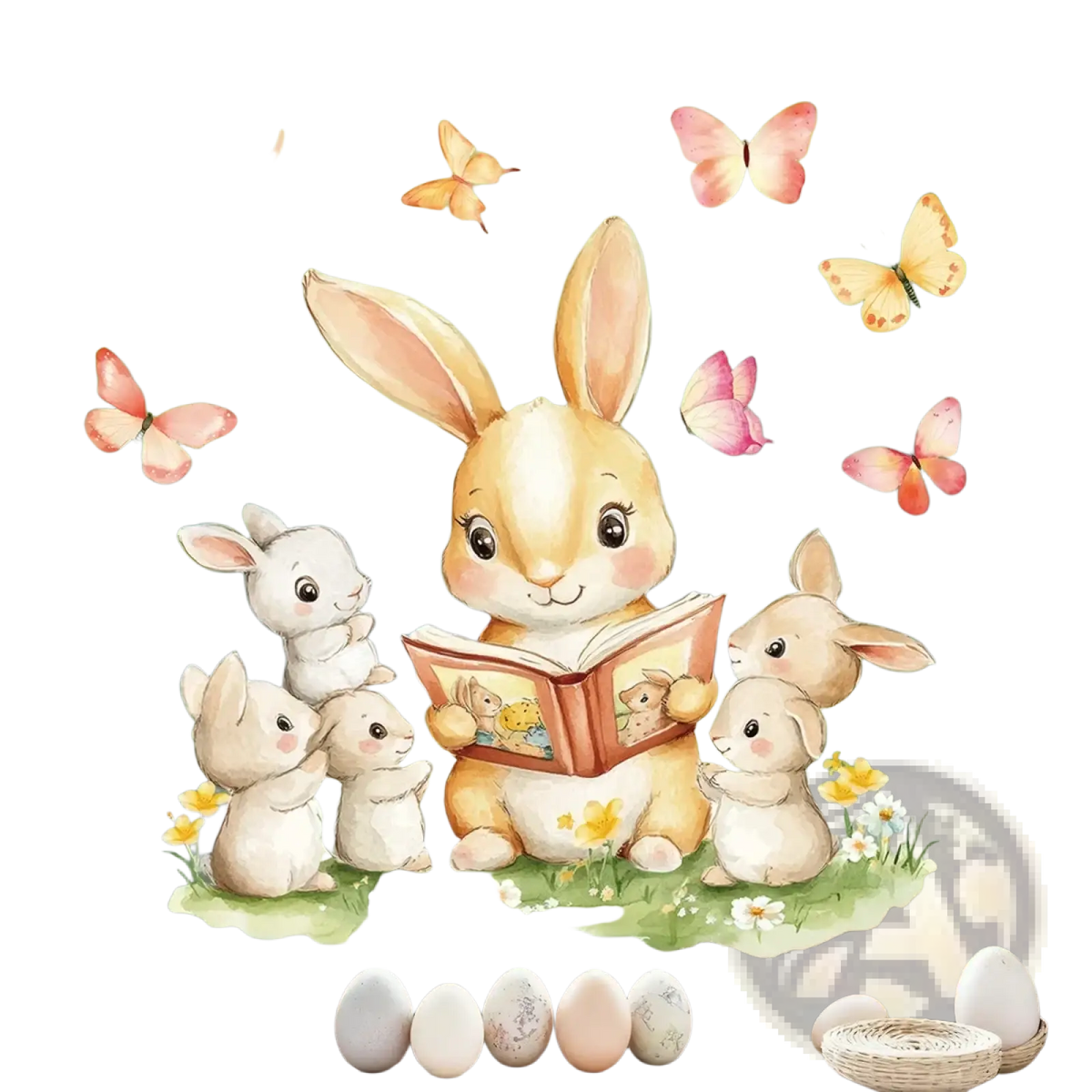 Easter bunny window decals featuring a tan bunny reading to white bunnies with colorful butterflies and flowers