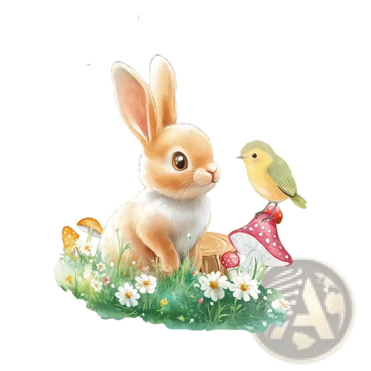 Easter bunny window decals featuring a charming cartoon bunny with tan and white fur among colorful garden elements