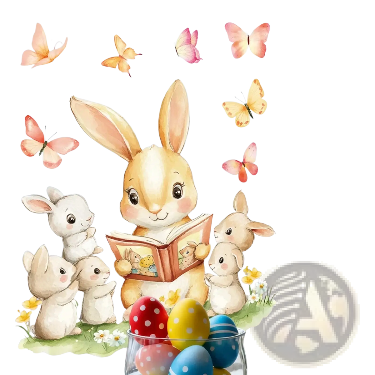 A charming easter bunny window decal featuring a tan bunny reading to four white bunnies with colorful eggs and butterflies
