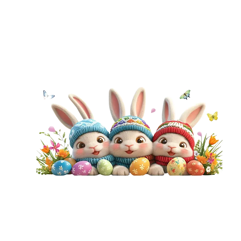 A cheerful easter bunny window decal with three bunnies in colorful knit hats surrounded by eggs and flowers