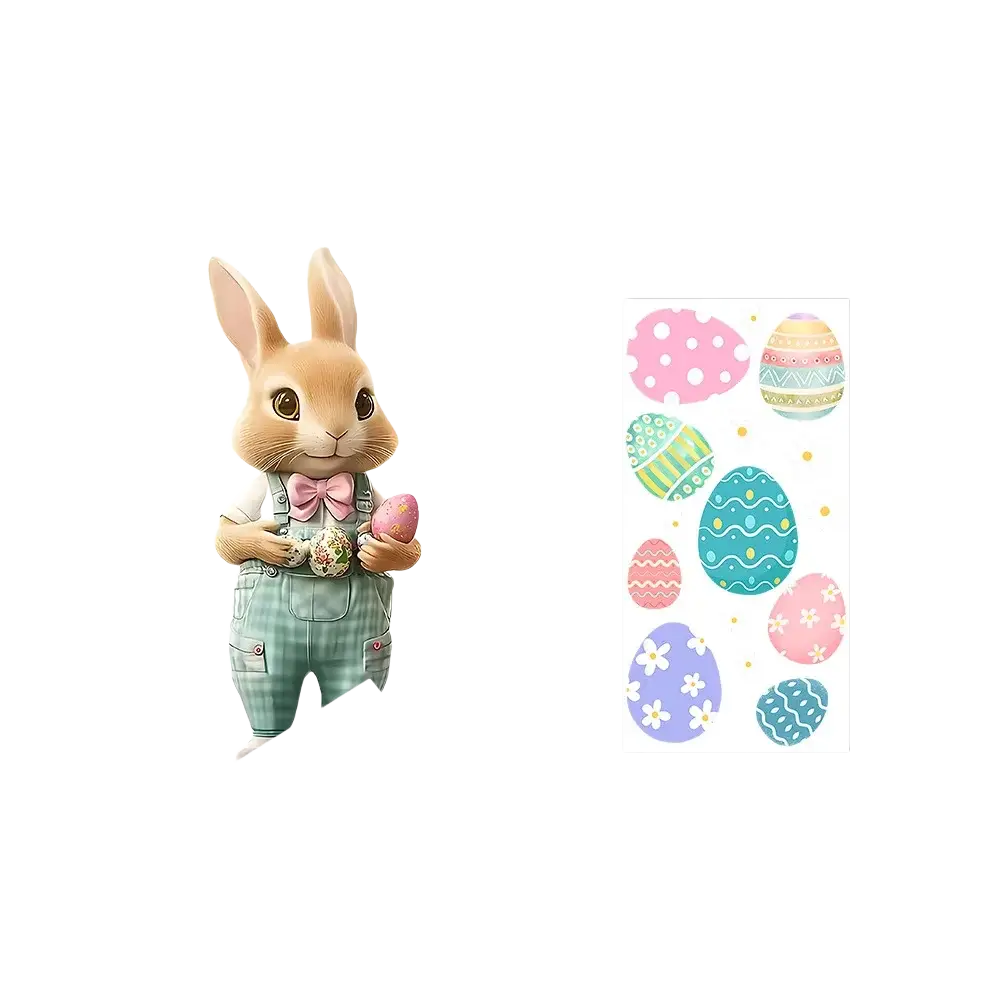 Easter bunny window decal of a cute beige bunny in green plaid overalls and pink bow tie holding decorated eggs