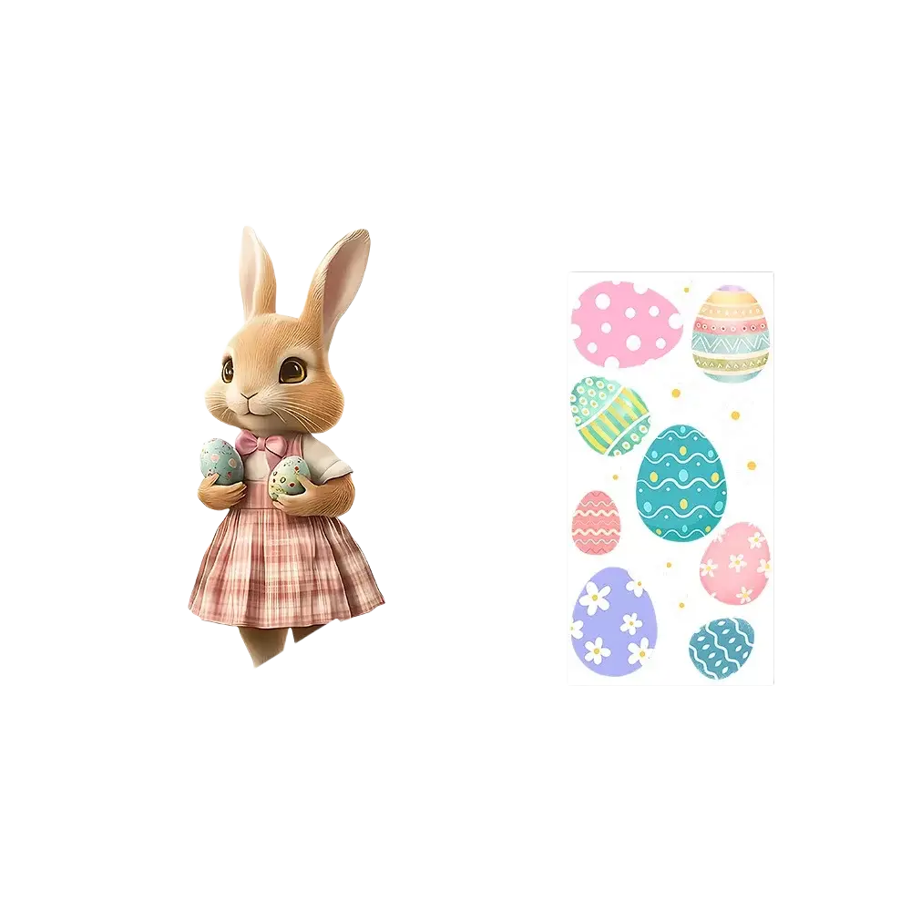 Cute beige bunny wall decal wearing pink bow and plaid dress holding two colorful patterned easter eggs for glass