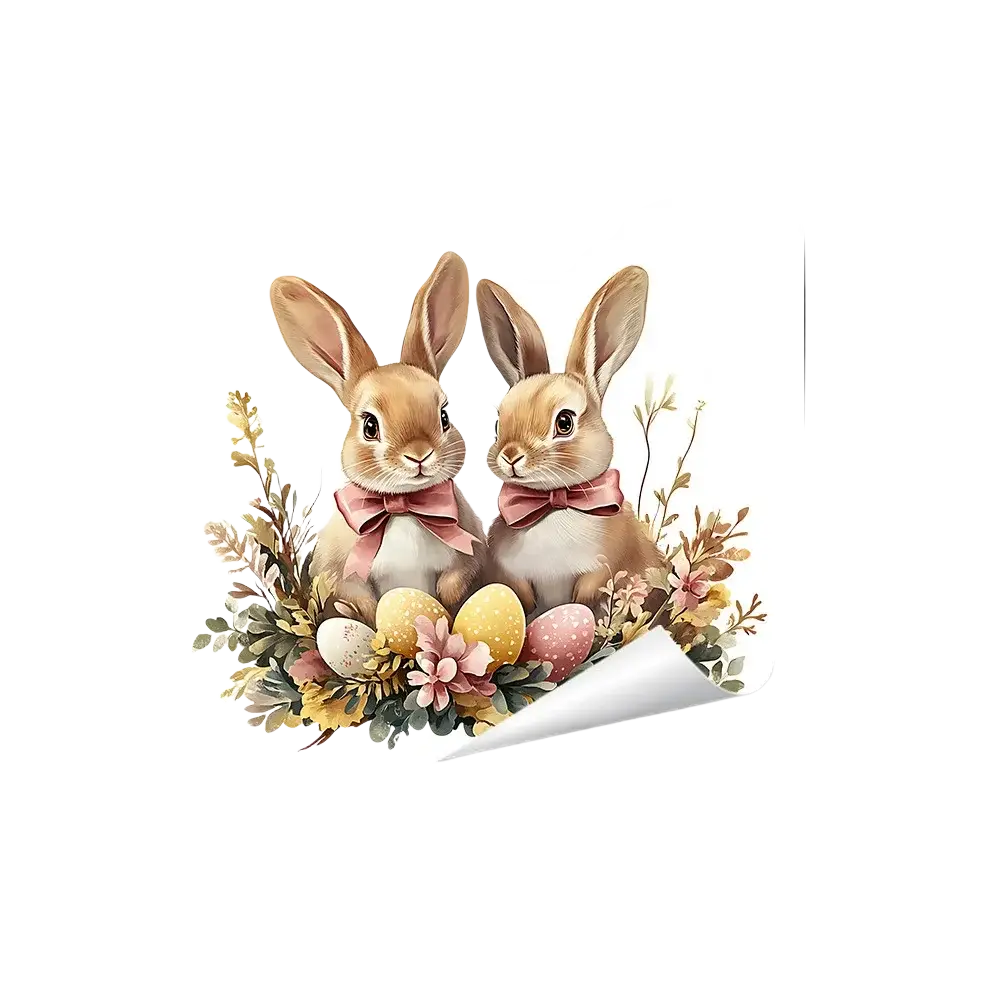 Cute beige bunny wall decal with pink bows and pastel eggs in floral wreath for Easter bunny window decoration