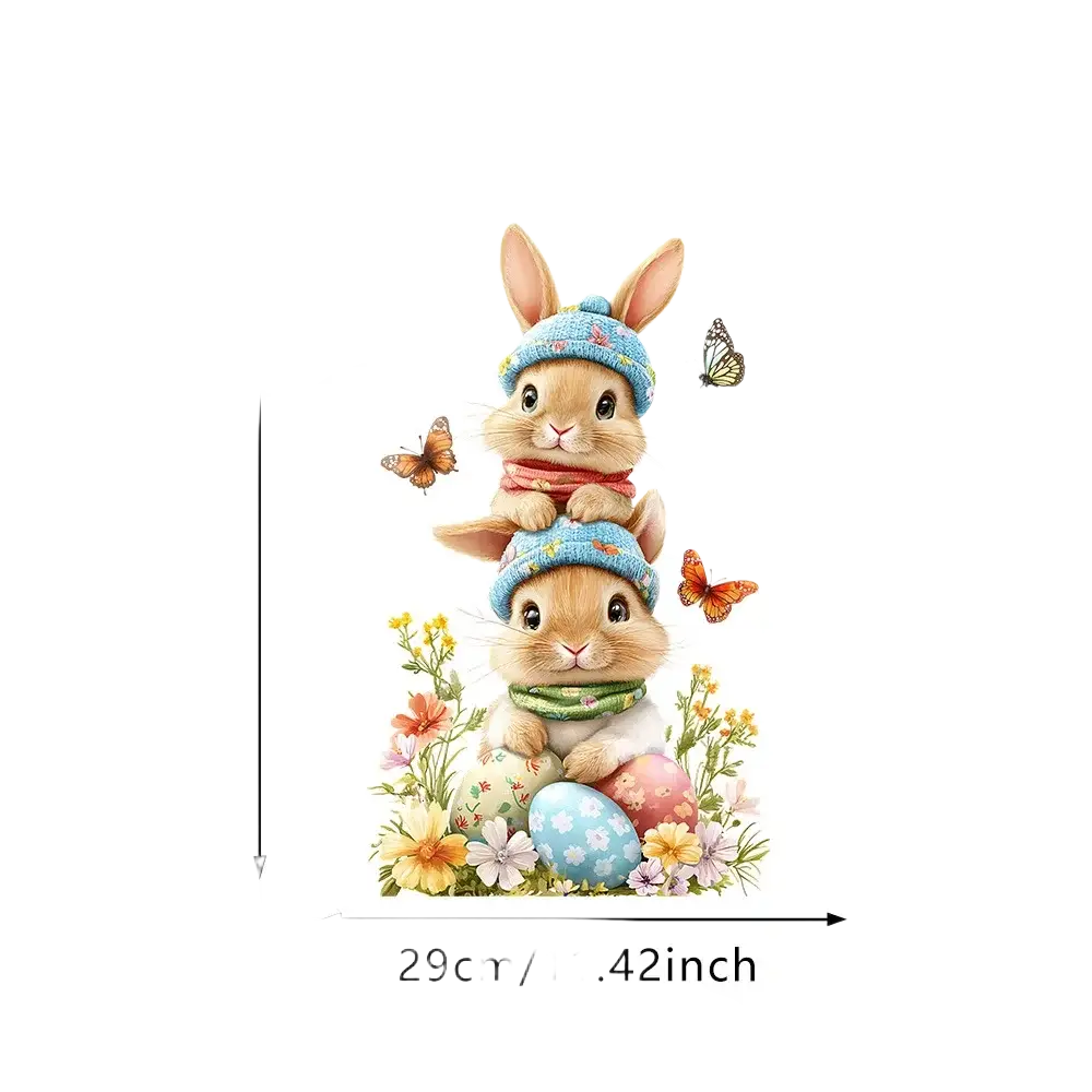 Cute cartoon bunny wall decal featuring two bunnies in blue knit hats with colorful easter eggs and flowers