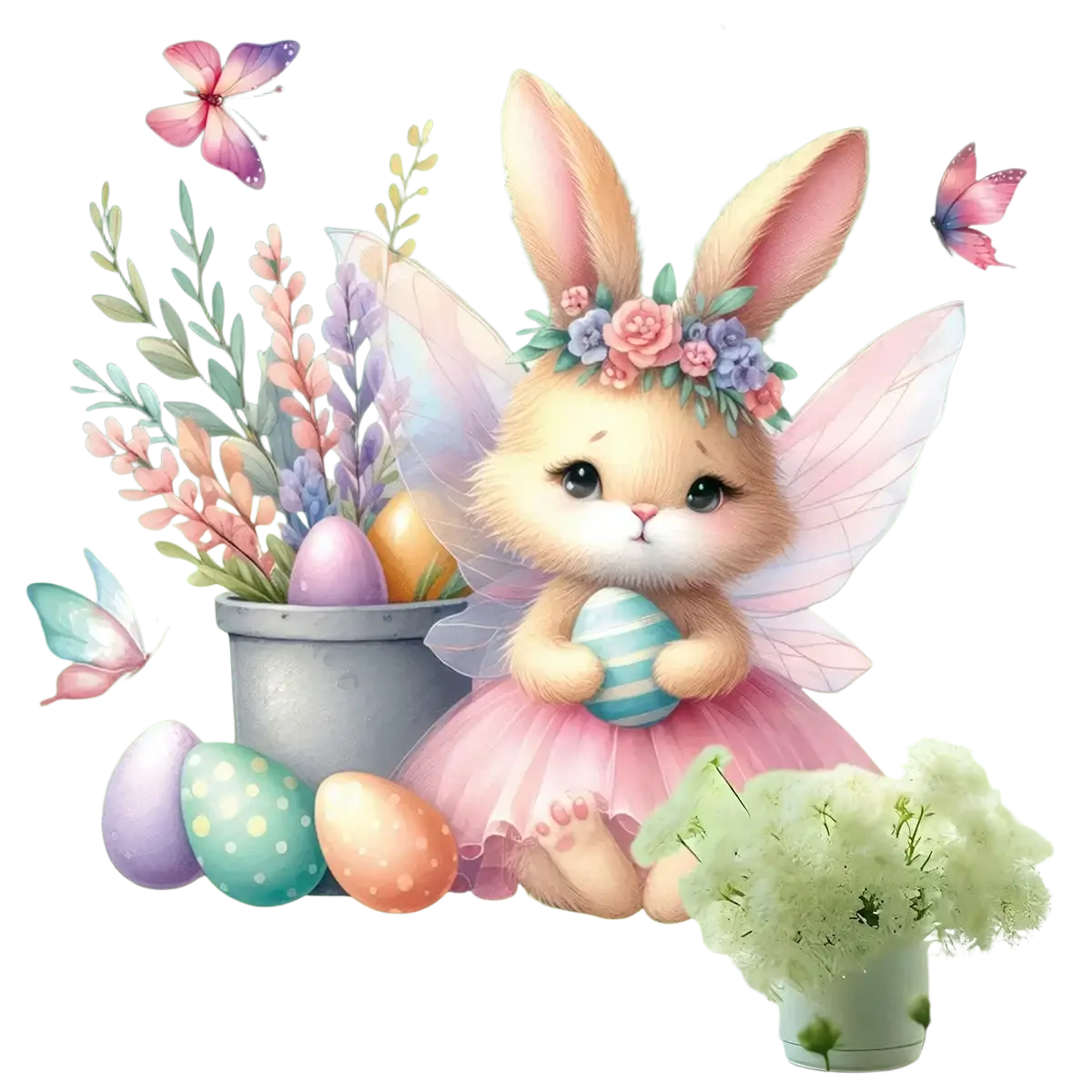 A cute bunny fairy with soft tan fur and pink wings holding a blue and white striped egg easter bunny window decal