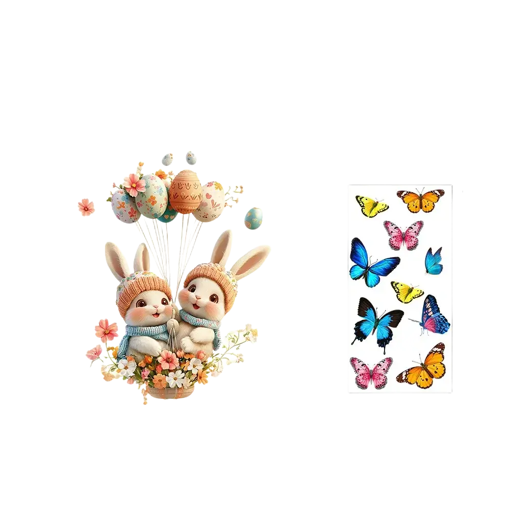 Cute pastel-colored easter bunny window decals holding floral balloons surrounded by blossoms for glass decoration