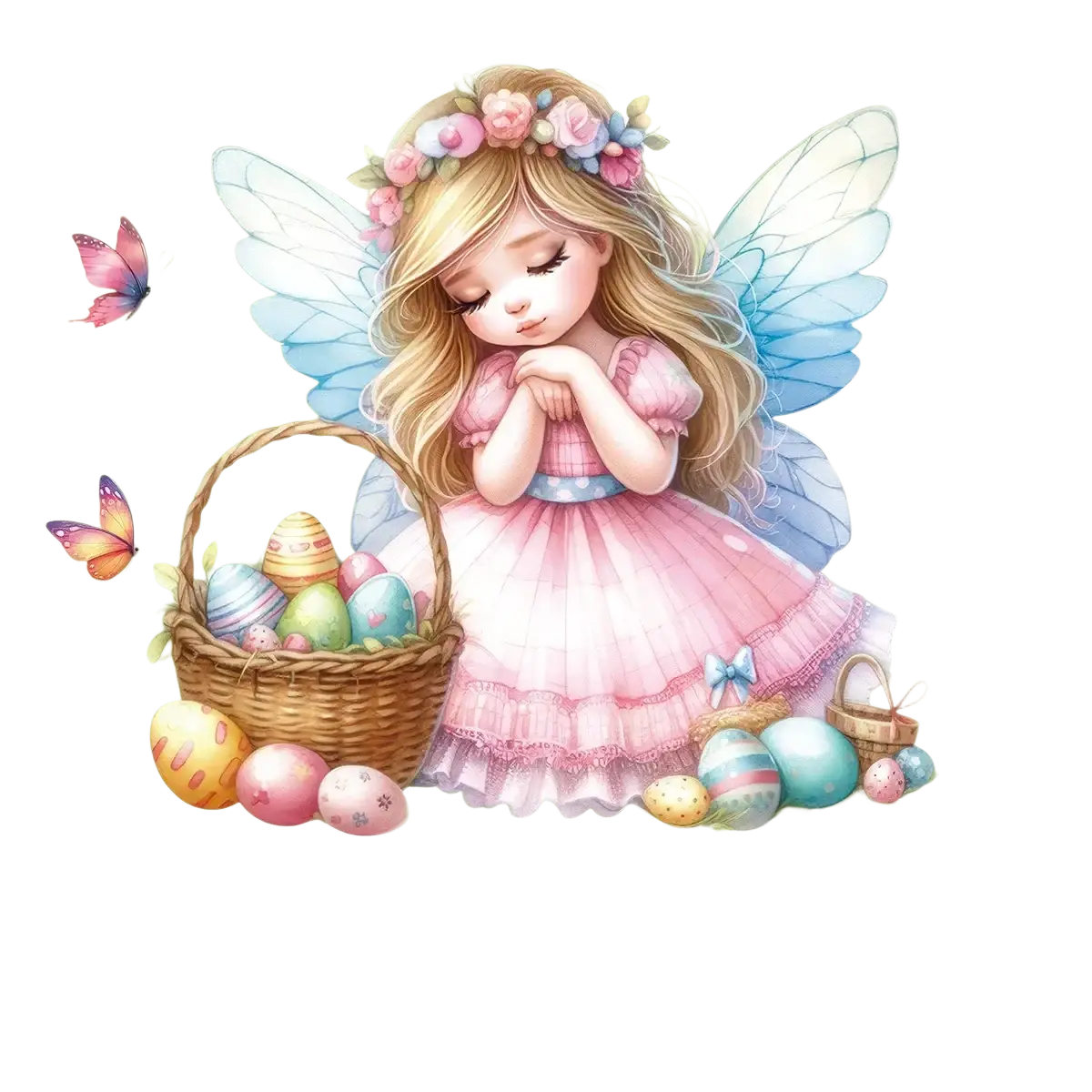 Easter bunny window decals featuring a delicate fairy with translucent blue wings holding a wicker basket of colorful eggs
