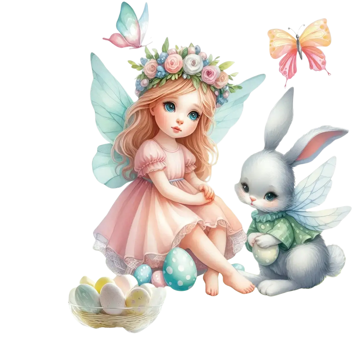 Easter bunny window decals featuring a delicate fairy with blue wings and a bunny in a pink dress with colorful eggs