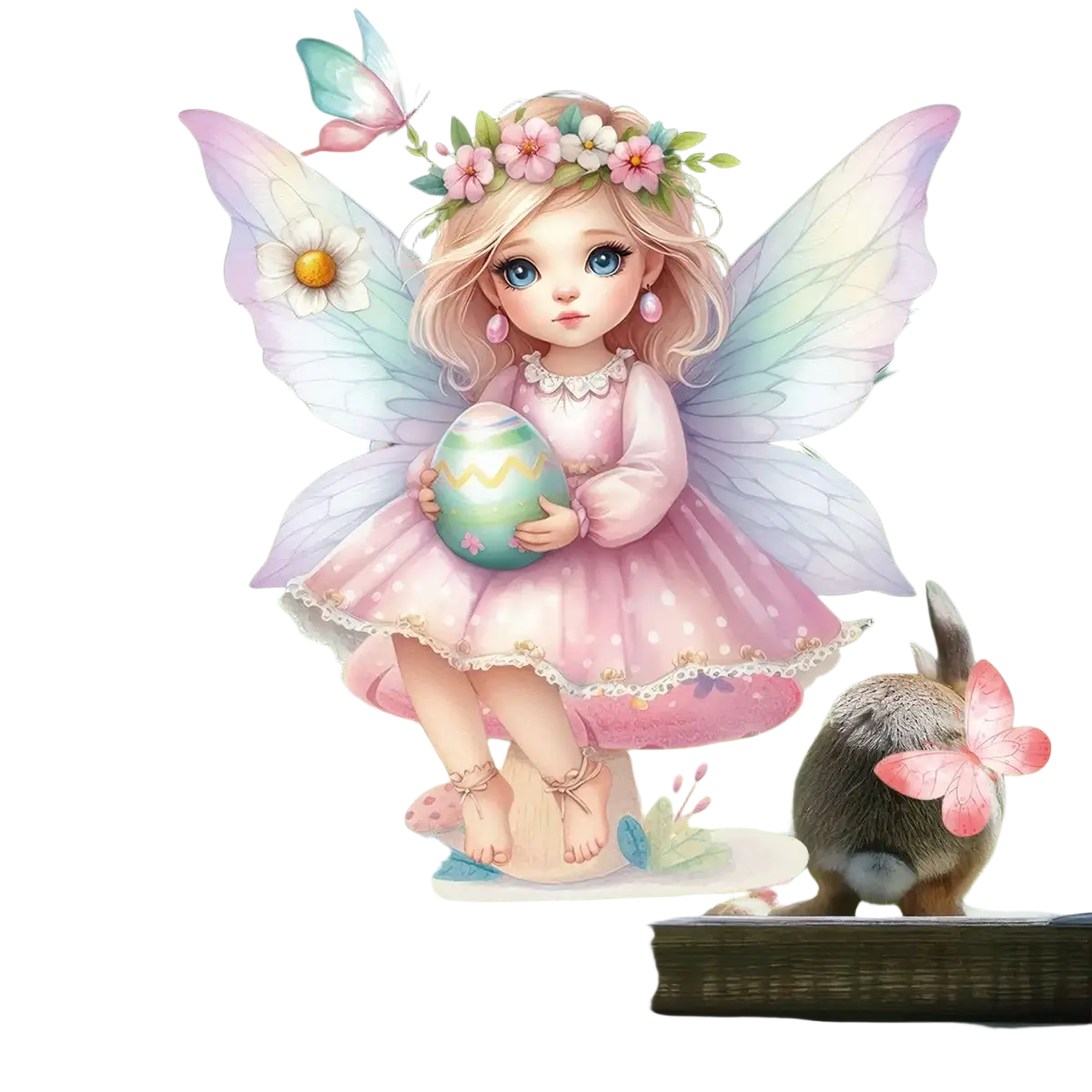 A delicate pink fairy figurine with translucent wings holding a pastel green egg in easter bunny window decals