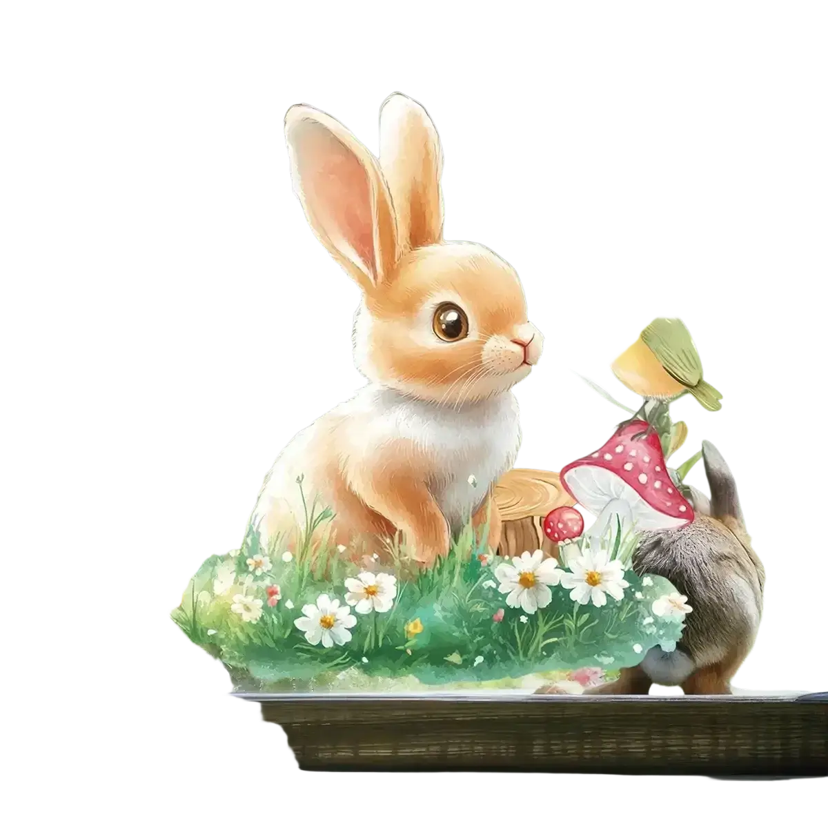 A charming easter bunny window decal featuring a tan and white bunny figurine in a miniature garden setting