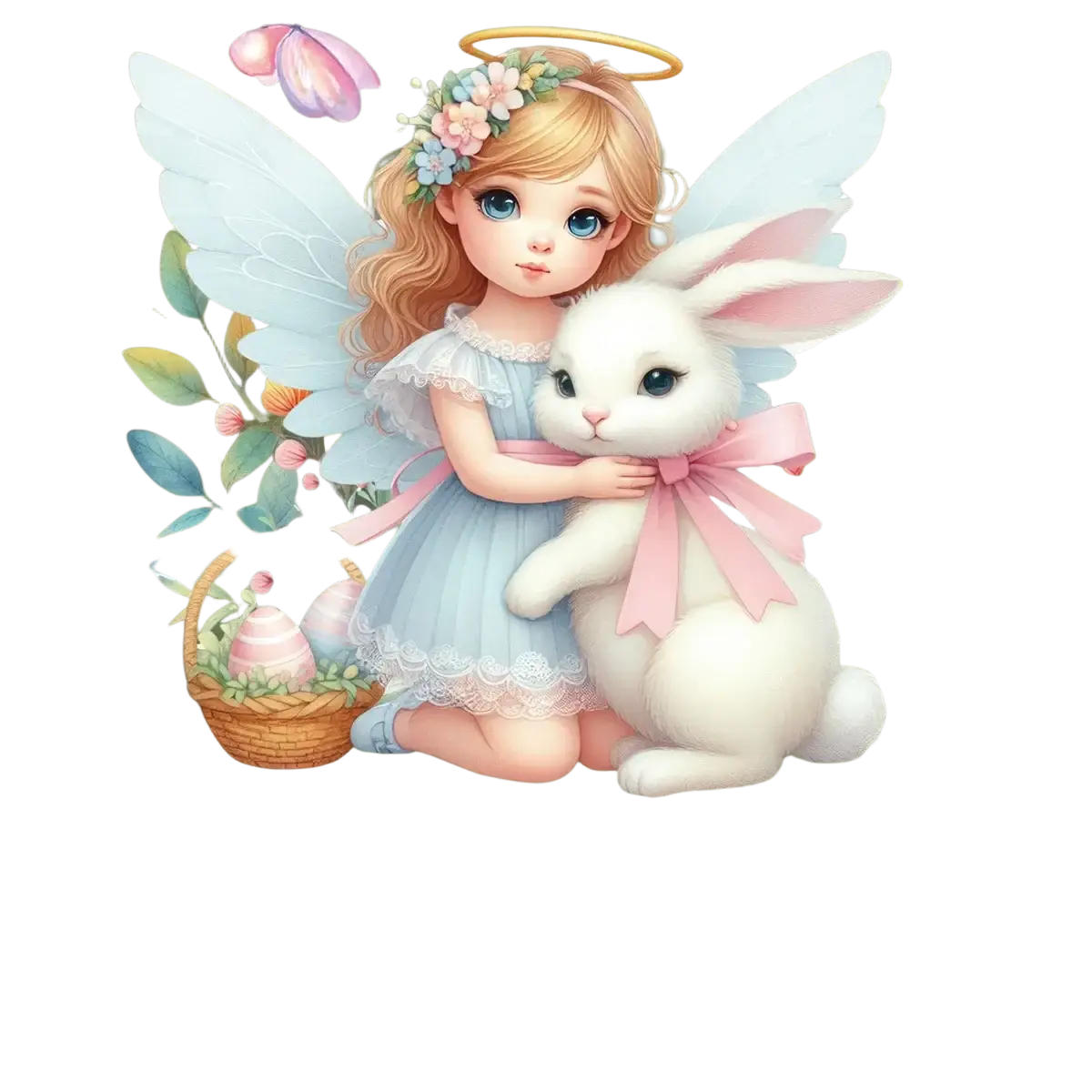 Easter bunny window decal featuring a pastel blue angel with floral crown holding a white bunny and colorful eggs