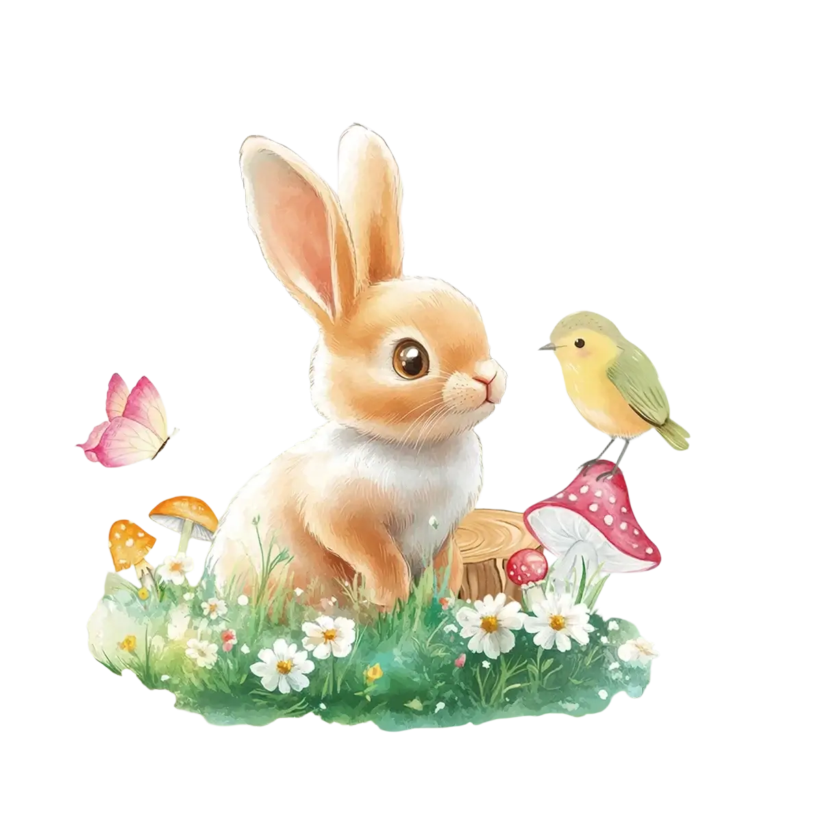 Easter bunny window decals featuring a pastel tan and white bunny with colorful butterflies mushrooms and flowers
