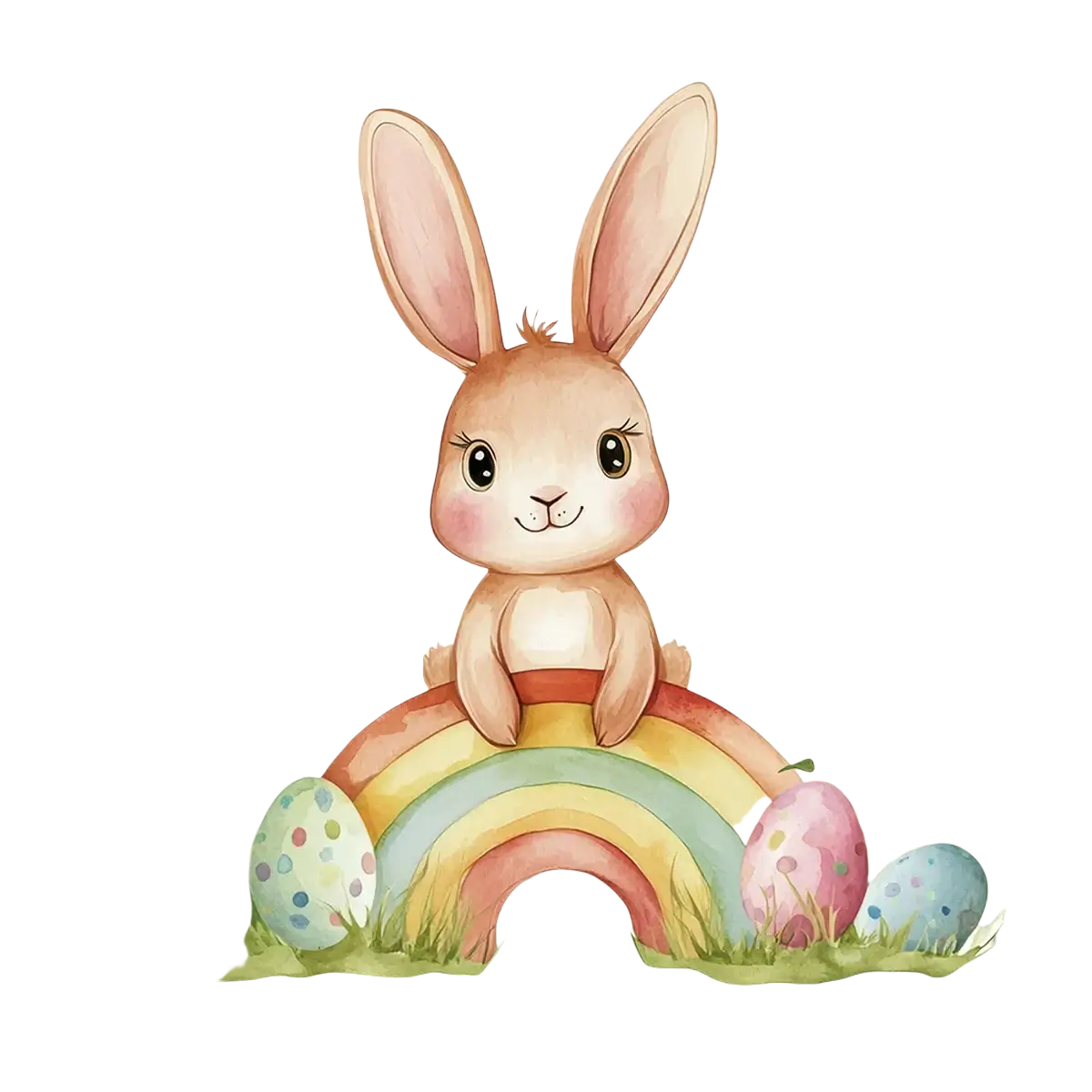 A pastel-colored easter bunny window decal featuring a brown bunny on a rainbow with colorful egg and butterfly designs