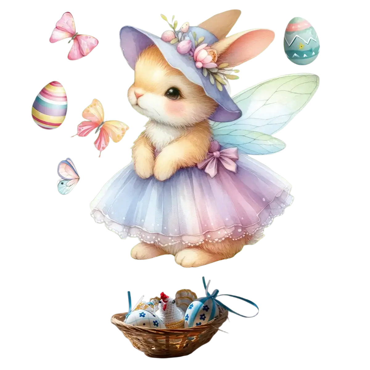 Easter bunny window decal featuring a pastel-colored bunny fairy with lavender hat and pink purple tutu dress