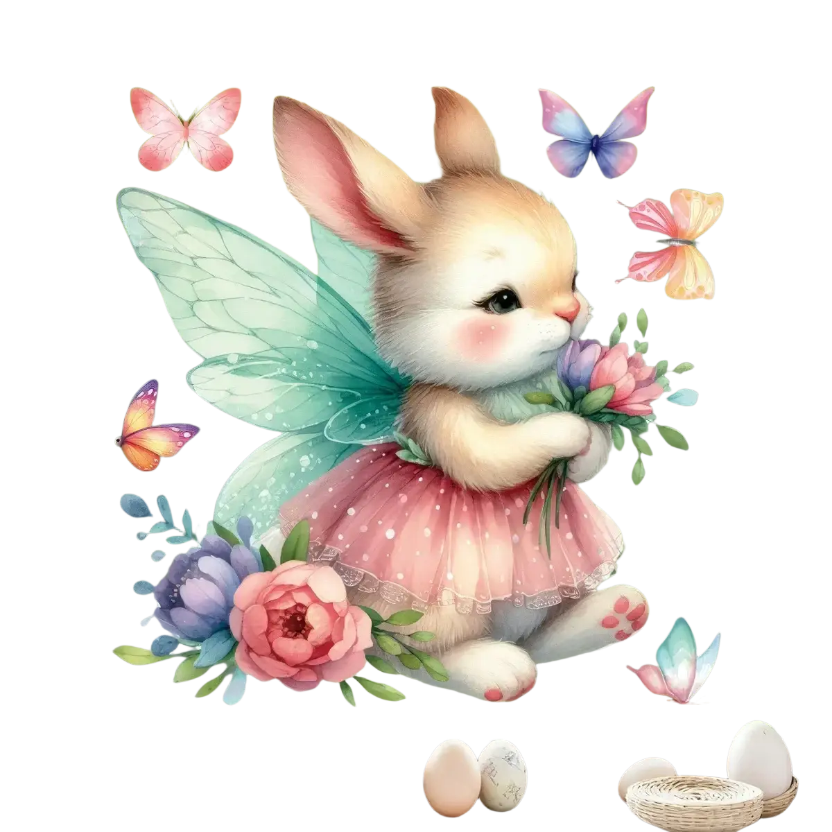 A pastel-colored easter bunny window decal with translucent turquoise wings and pink polka-dotted tutu skirt surrounded by butterflies