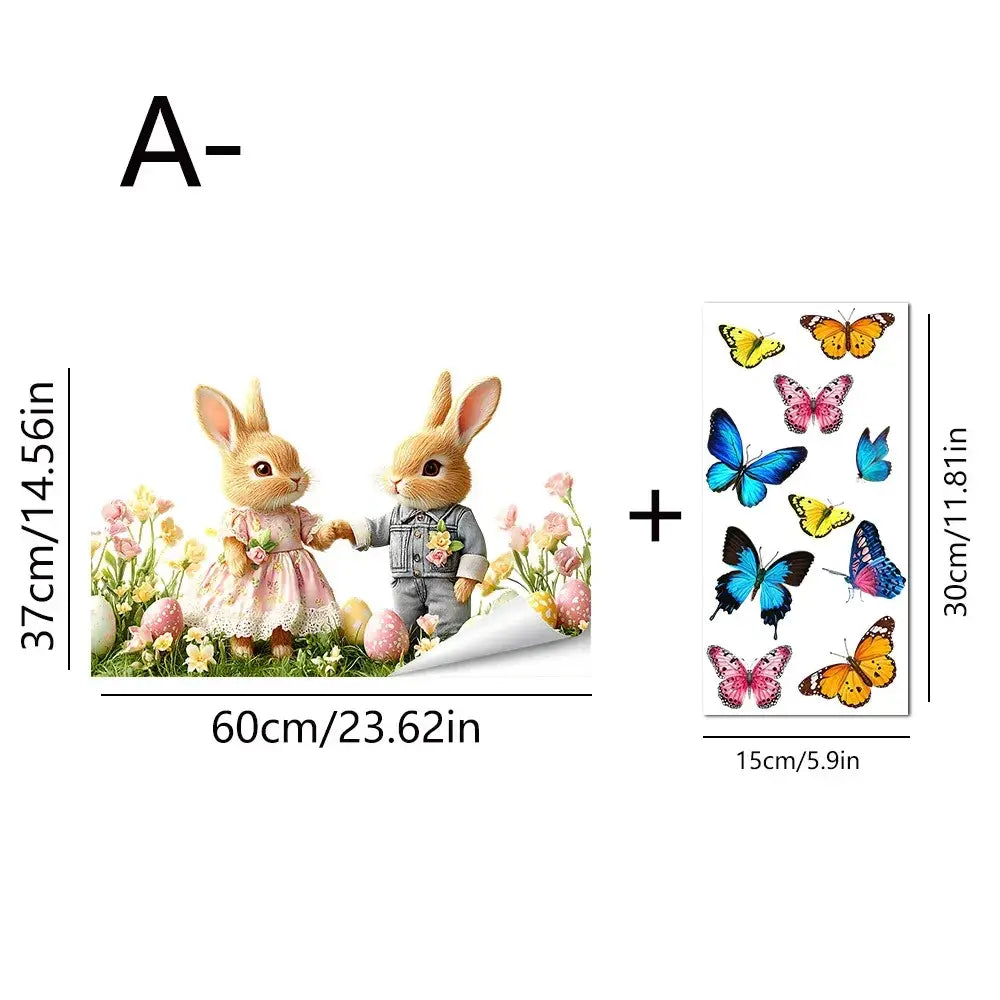 Easter bunny window decals featuring two cartoon bunnies in pink lace and denim overalls in a floral field