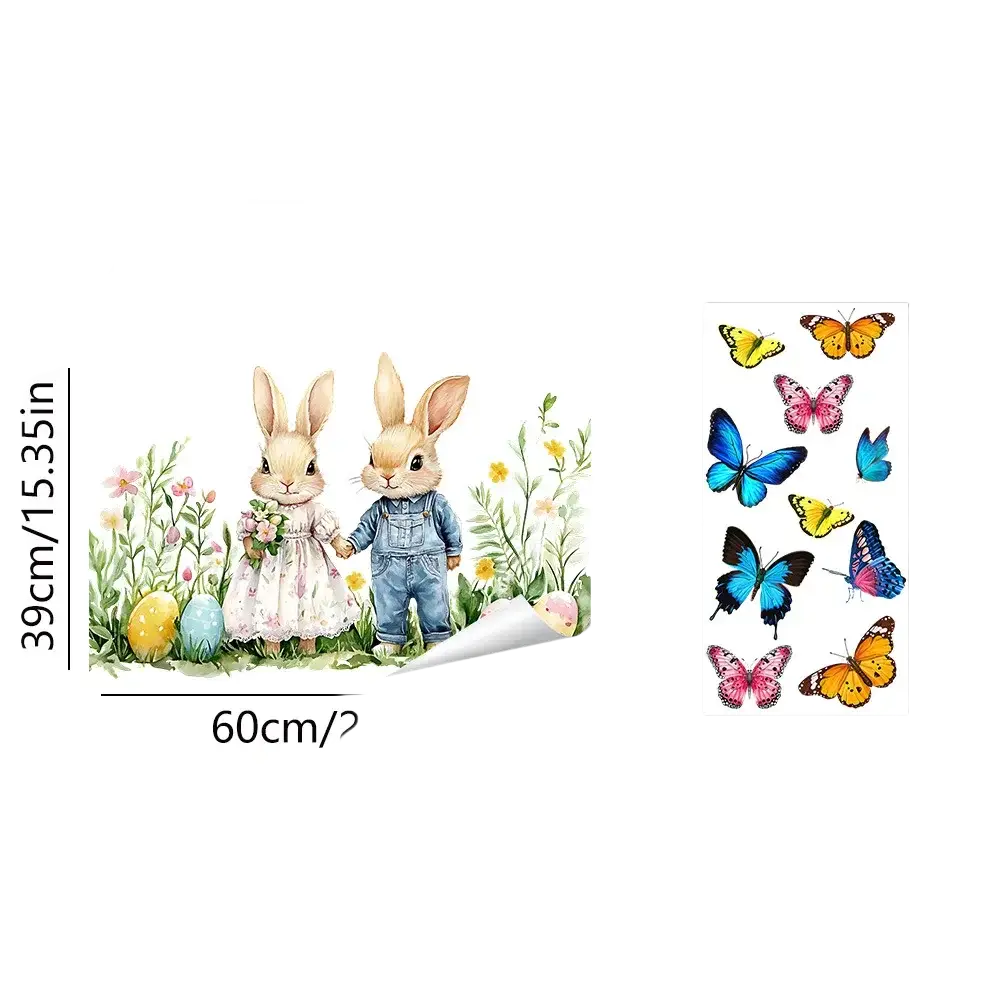 Easter bunny window decals featuring two illustrated rabbits in a garden with colorful eggs and flowers on glass