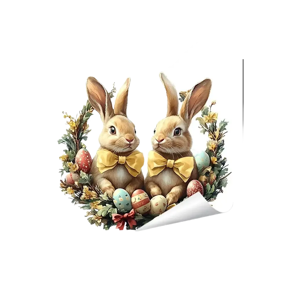 Easter bunny window decals featuring two beige rabbits with yellow bows in a wreath of greenery and colorful eggs