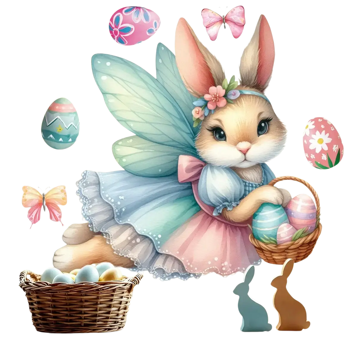 A whimsical bunny fairy window decal with translucent blue wings and pastel pink dress holding colorful easter eggs