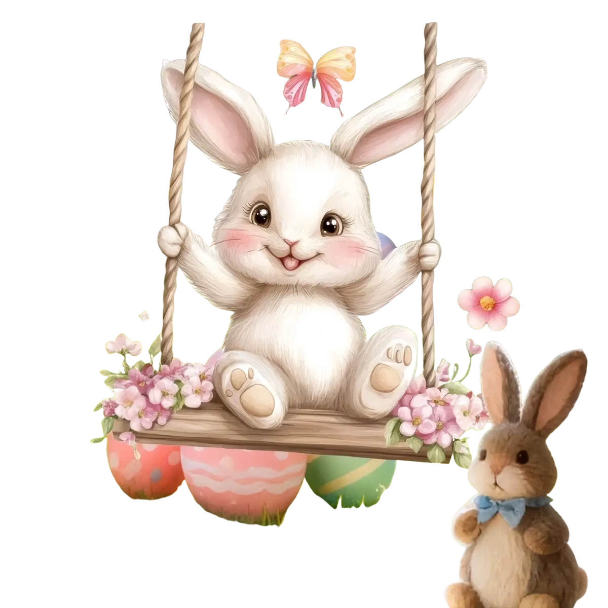 A charming white bunny decal with rosy cheeks on a wooden swing adorned with pink flowers for Easter window decoration