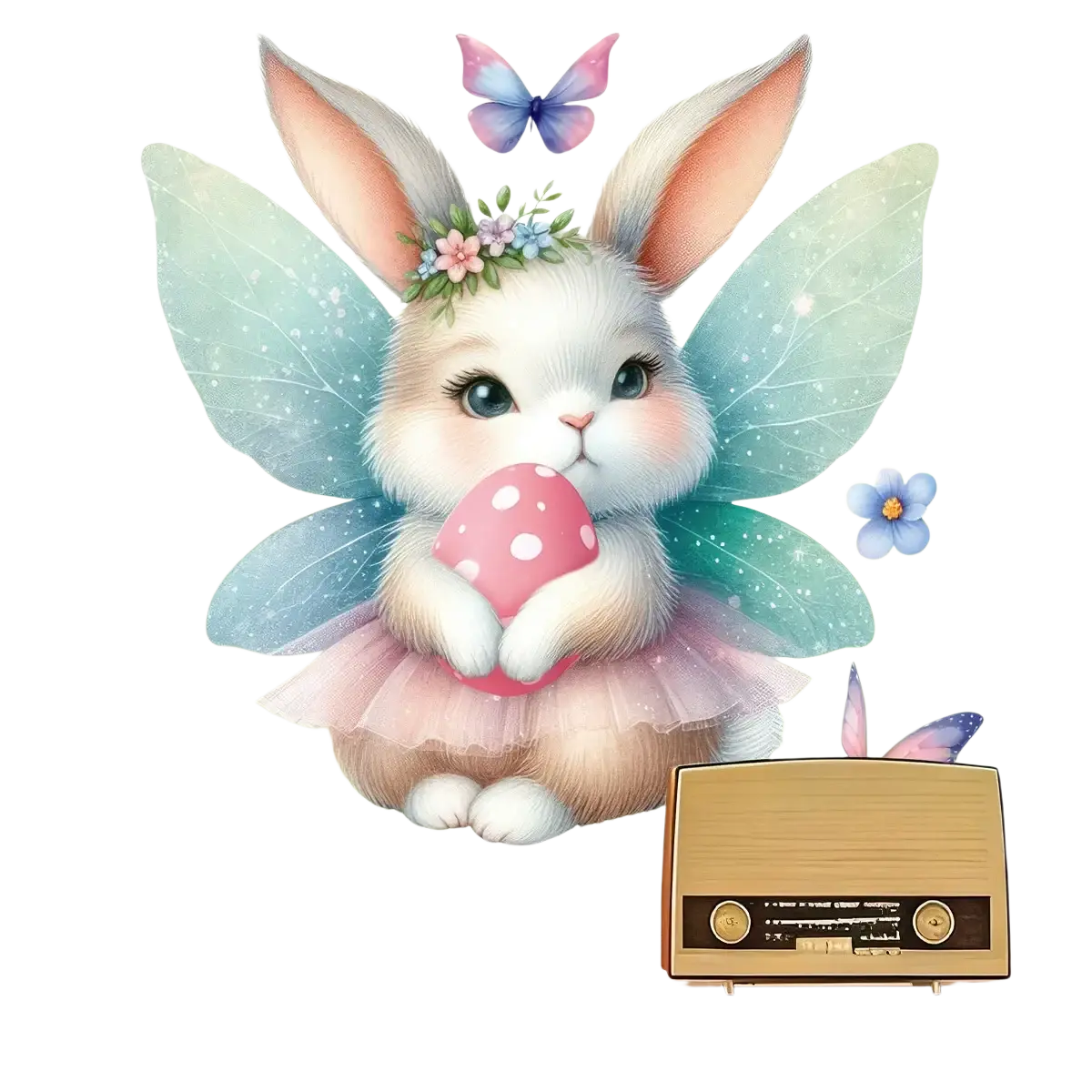 A charming white bunny fairy with blue wings and floral crown holding a pink polka-dotted egg in easter window decal