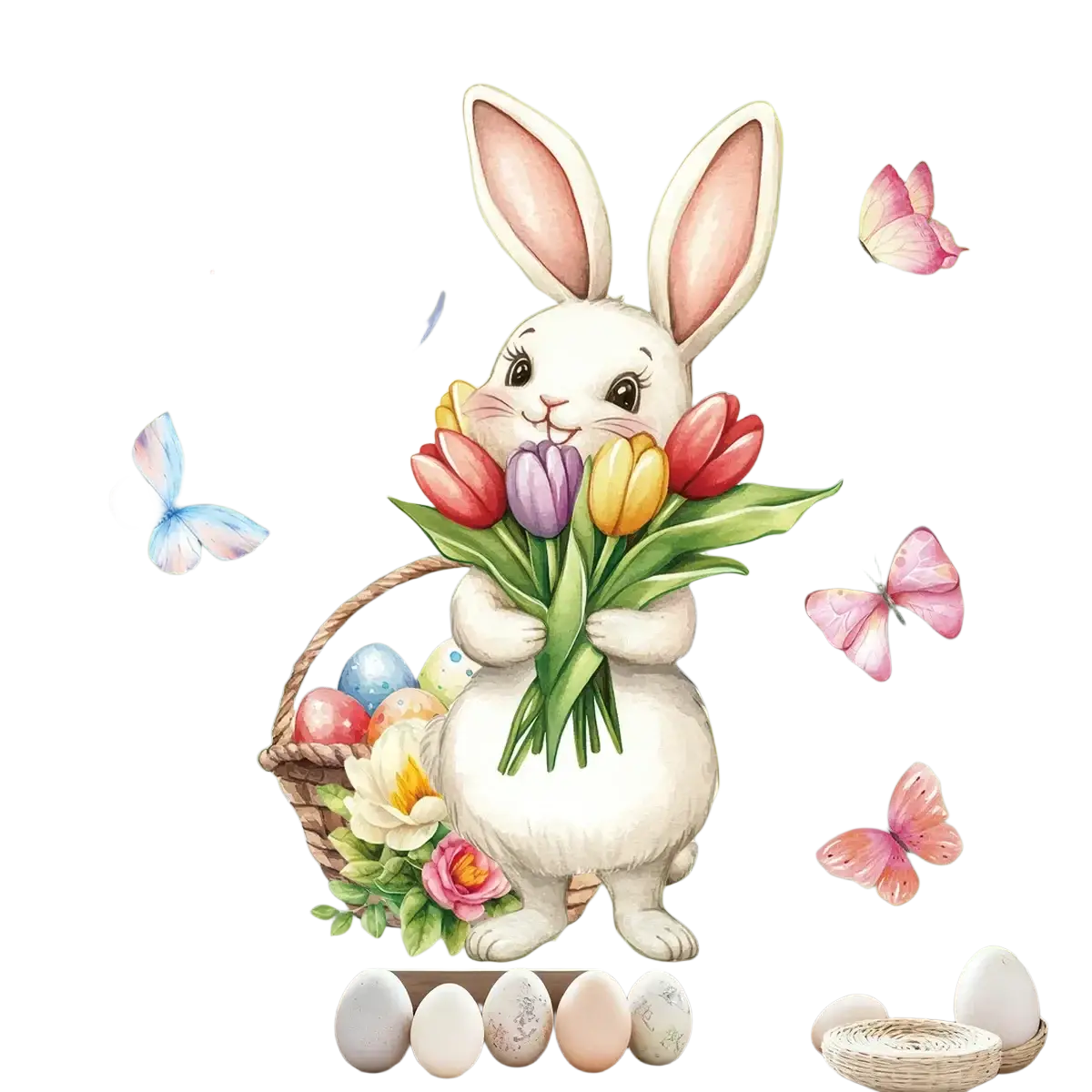 Easter bunny window decals featuring a white bunny with pink ears holding tulips and a basket of colorful eggs