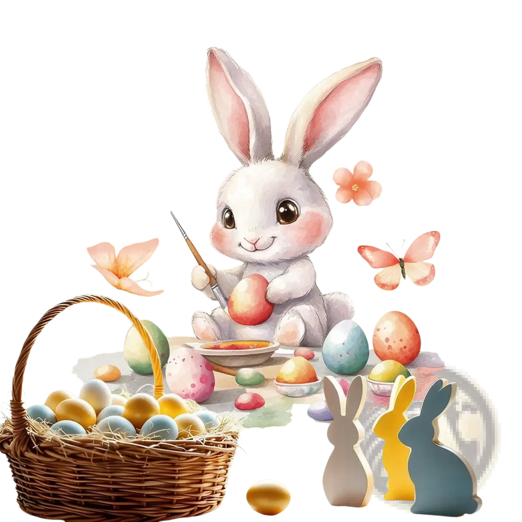 A charming white bunny with pink ears holding a paintbrush and egg on a colorful easter bunny window decal
