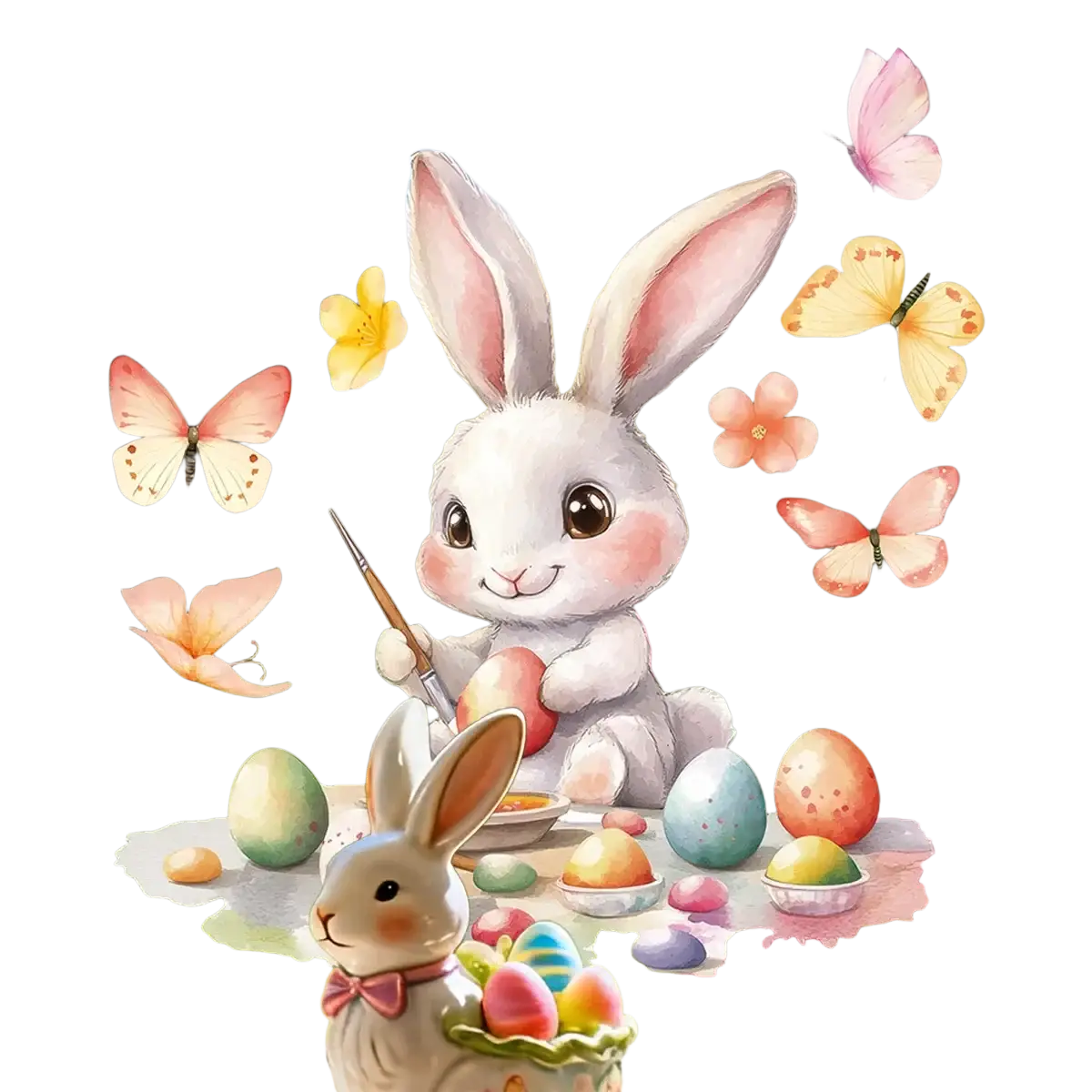 A charming white bunny with pink ears holding a paintbrush and egg among colorful easter egg window decals
