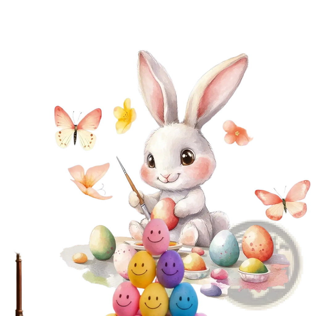 A charming white bunny with pink ears holding a paintbrush among colorful easter eggs in easter bunny window decals