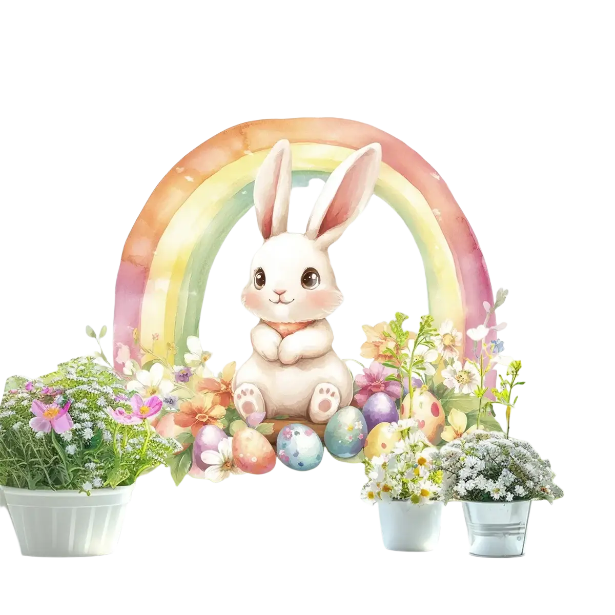 A charming white bunny window decal with pastel rainbow, colorful easter eggs, and flowers for glass decoration
