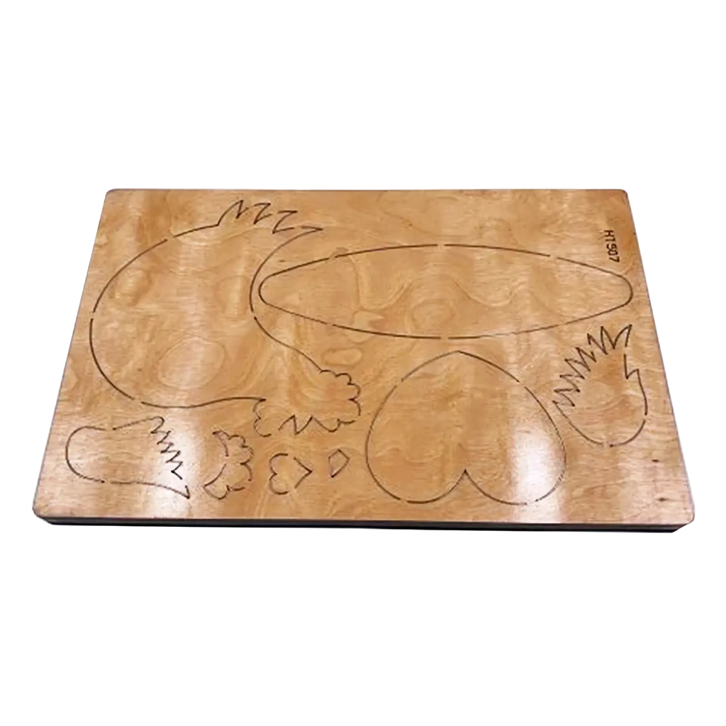 Light brown wooden die cutting mold with engraved frog hearts and flowers for easter chicken designs