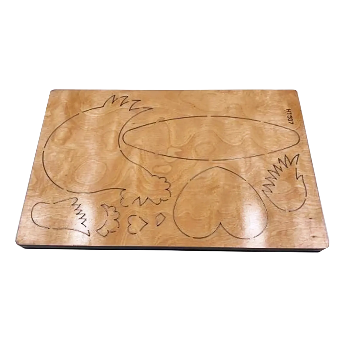 Light brown wooden die cutting mold with engraved frog hearts and flowers for easter chicken designs