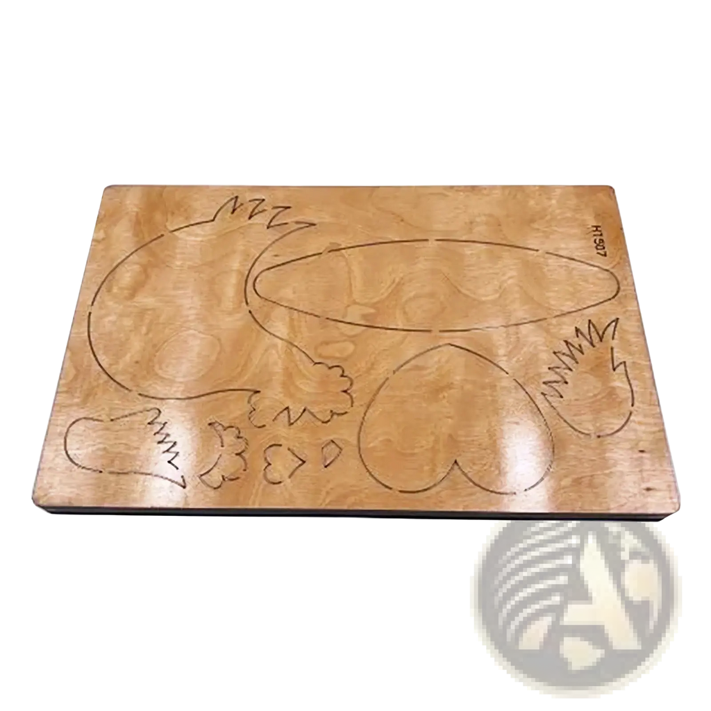 Light brown wooden die cutting mold with engraved frog hearts and flowers for easter chicken designs
