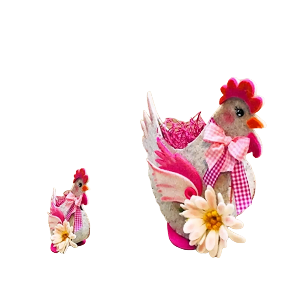 Pink and gray felt chicken-shaped decorative vase with checkered bow floral accents and pink base for easter decor