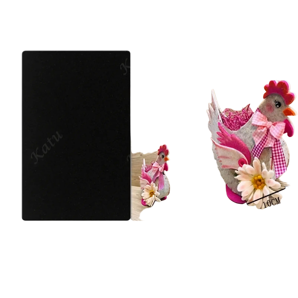 Easter chicken wooden die cutting mold featuring a pink and gray felt chicken with checkered bow holding white daisy