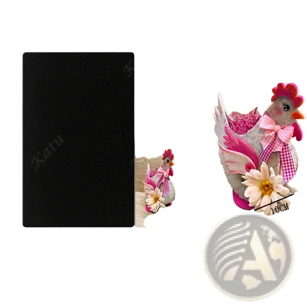 Easter chicken wooden die cutting mold featuring a pink and gray felt chicken with checkered bow holding white daisy