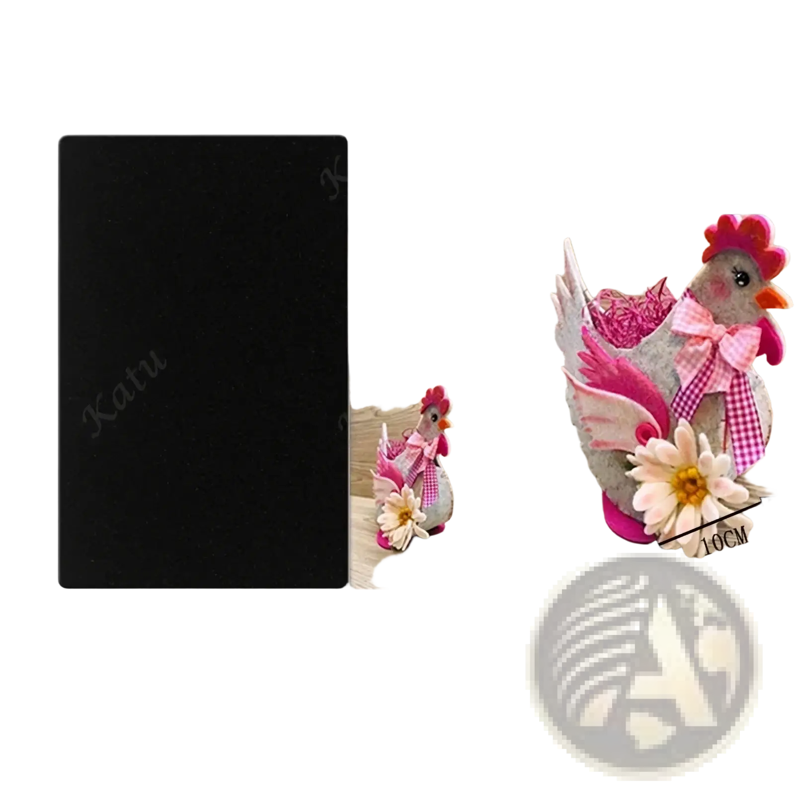 Easter chicken wooden die cutting mold featuring a pink and gray felt chicken with checkered bow holding white daisy