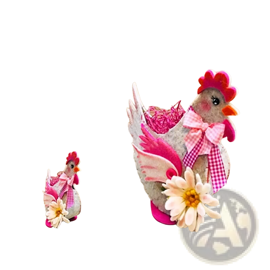 Pink and gray felt chicken-shaped decorative vase with checkered bow floral accents and pink base for easter decor