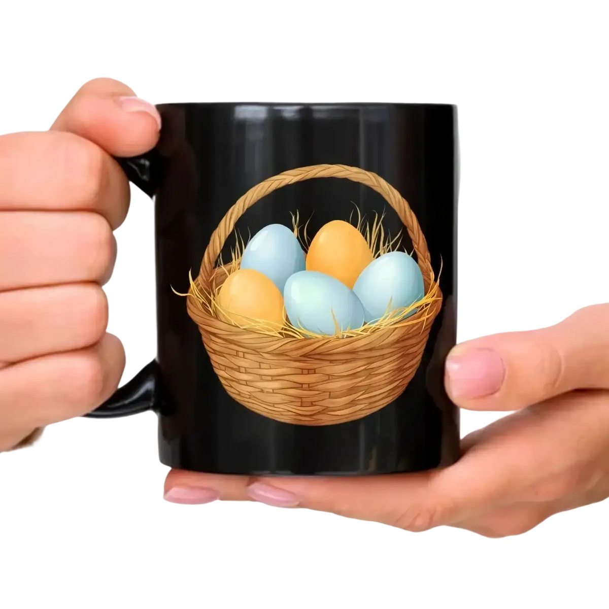 Black ceramic coffee mug with colorful woven basket illustration filled with blue and yellow eggs for easter egg coffee